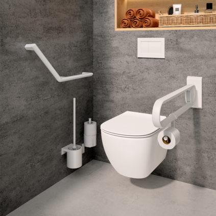 Stützgriff mit integriertem Papierrollenhalter mit Abrollbremse.