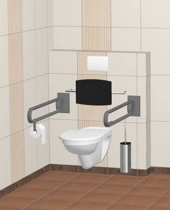 Beispiel für ein barrierefreies WC: Wandhängendes Tiefspül-WC mit 70 cm Bewegungstiefe für Rollstuhlnutzer, Rückenlehne, Stützklappgriffe mit einem integrierten Papierrollenhalter (wandseitig) und einer integrierten Spülauslösung am rechten Griff,