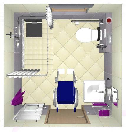 Draufsicht auf ein barrierefrei geplantes Bad mit einem bodengleich gefliesten Duschbereich, einem WC mit 70 cm Ausladung und Stützklappgriffen, einem unterfahrbarem Waschtisch und einem Rollstuhl.