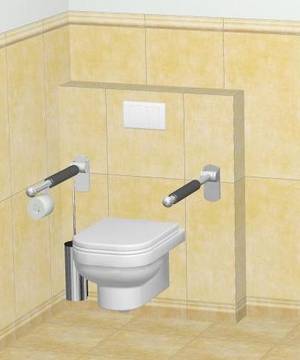 Beispiel für ein erhöhtes WC: Wandhängendes WC mit 48 cm Sitzhöhe, Vorwand (15x100x120 cm) mit integriertem barrierefreien Vorwand-Installationselement, Stützklappgriffe (wandseitig mit Papierrollenhalter), Zweimengen-Betätigungsplatte, Bürstengarn