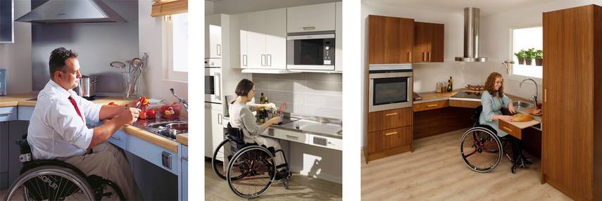 Rollstuhlnutzern bei der Küchenarbeit. Die Beispiele zeigen die Unterfahrbarkeit von Arbeitsplatten.n 