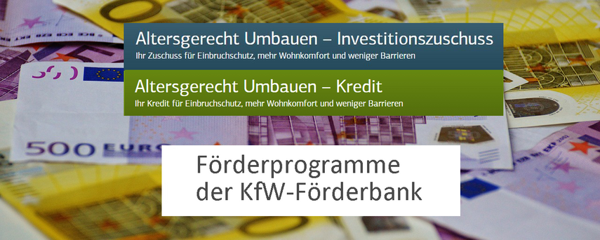 Geldscheine (www.pixabay.com). Hinzugefügt: Bildausschnitte www.kfw.de sowie Schriftzug "Fördermittel der KfW-Förderbank"