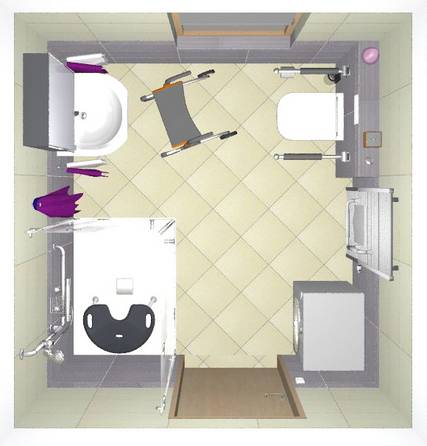 Draufsicht auf ein barrierefrei modernisiertes Bad mit 90 cm breiter Tür, niveaugleichem Duschbereich mit Haltegriffen und Duschhocker, WC mit Stützklappgriffen, Waschtisch mit Beinfreiraum und einem Rollator.