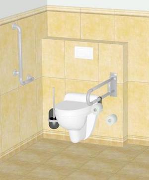 Beispiel für ein barrierefreies WC: Wandhängendes WC mit Dusch-WC-Aufsatzgerät, Vorwand (15x90x120 cm), rechts Stützklappgriff mit integriertem Papierrollenhalter, links wandmontierter Winkelgriff, Zweimengen-Betätigungsplatte, wandmontierte Bürsten