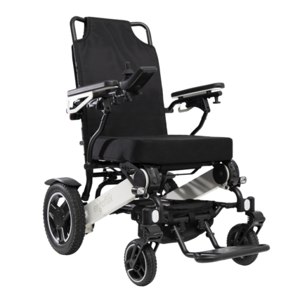 Elektrorollstuhl ergoflix LX mit breiter Armlehnenpolster und ergonomisch geformter Rückenlehne.