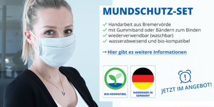 Eine Frau mit Mundschutz. Schriftzug: Mundschutz-Set