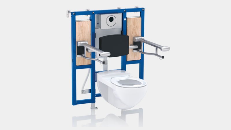 Montageelement mit WC und Stützklappgriffen für Rollstuhlnutzer