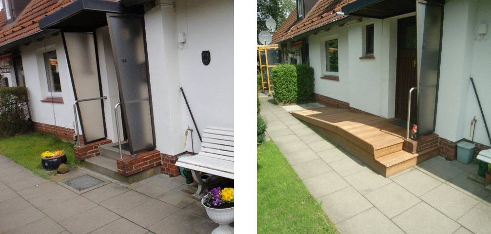 Vorher-Nachher-Umbaubeispiel: Barrierefreie Erschließung des Hauseinganges mit einer Rampe anstelle von Stufen.