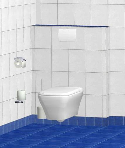 Beispiel eines nachhaltigen WC-Bereiches: Wandhängendes Tiefspül-WC, barrierefreies Vorwand-Installations-Element für die Nachrüstung mit einem erhöhten WC und Stützklappgriffen, Betätigungsplatte, Toilettenpapierhalter, Bürstengarnitur