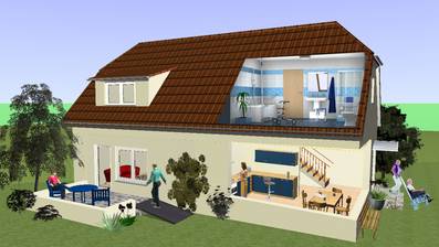Modell eines Einfamilienhauses mit Hilfsmittel für das Bad und für die Überwindung von Treppenstufen.