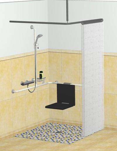 Beispiel einer barrierefrei erstellten Dusche: Bodengleich verfliestes Duschelement mit Bodenauflauf (rutschhemmend), Duschvorhang, Duschhandlauf mit integrierter Brausehalterstange und Einhängesitz, Thermostatarmatur mit Handbrause, Ablagekorb