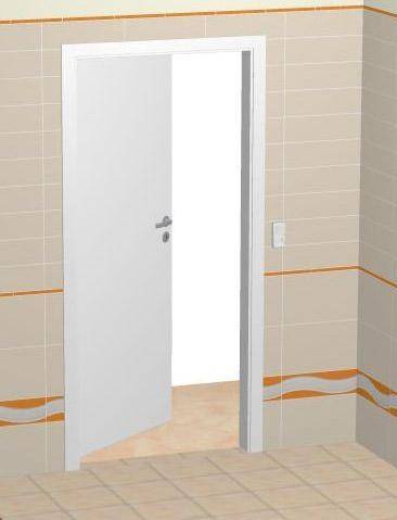 Beispiel einer Badezimmertür für Rollstuhlnutzer: 90 cm lichte Durchgangsbreite, 205 cm lichte Türhöhe, nach außen aufschlagende Drehflügeltür, schwellenfrei befahrbar, 50 cm Abstand vom Türgriff zur Wand