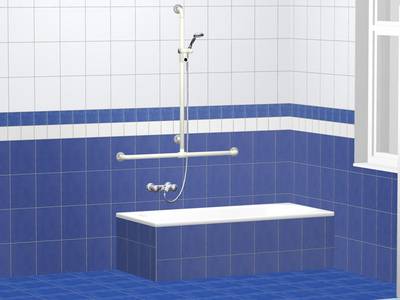 Beispiel: Damit die Badewanne sicher nutzbar ist wurde eine Badewanne mit rutschhemmender Beschichtung  und einem waag- und senkrecht nutzbarem Handlaufsystem eingebaut.