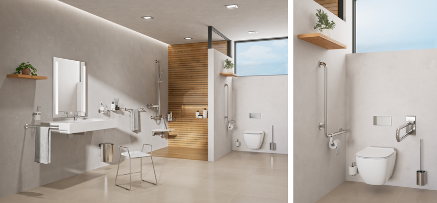 Barrierefreies Bad ausgestattet mit der Inox Care Edelstahlserie von Normbau
