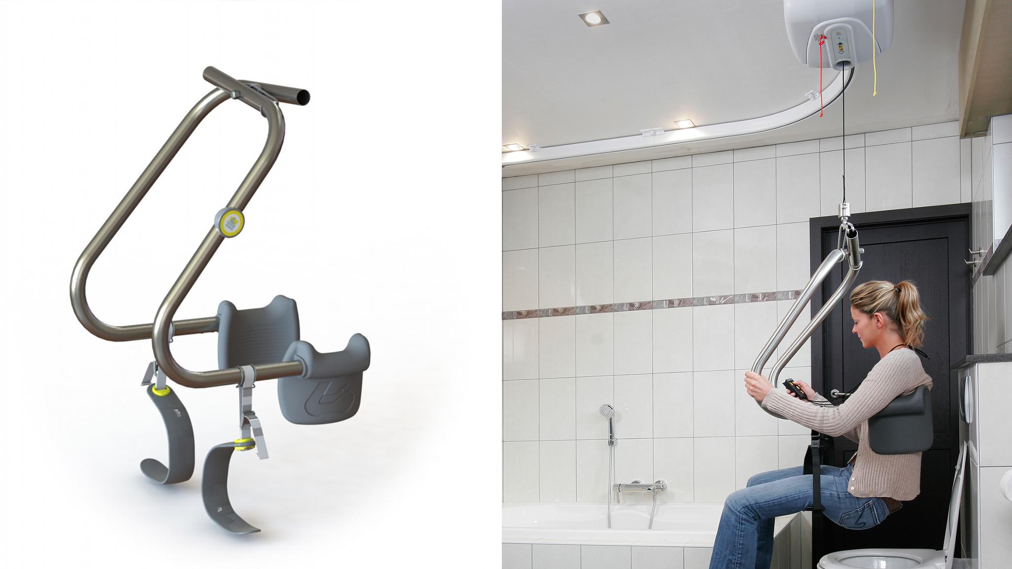 Fotokollage: Ein Hebebügel und eine Person mit Deckenlift und Hebebügel über einem WC.